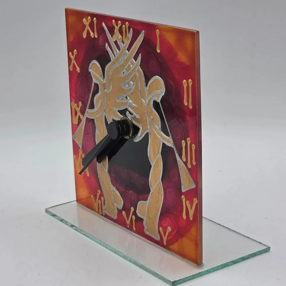 Hand Painted Glass Desk Clock Golden Trumpeting Angels Colorful Red Square Art